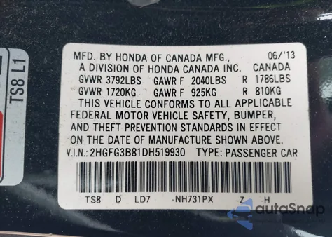 2013 Honda Civic Ex from USA, damaged, VIN 2HGFG3B81DH519930